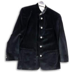 Mens Black Velvet Long Sleeve Collared Pockets Six Button Blazer Size 42R