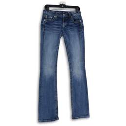 Womens Blue Denim Embellished 5-Pocket Design Bootcut Jeans Size 28