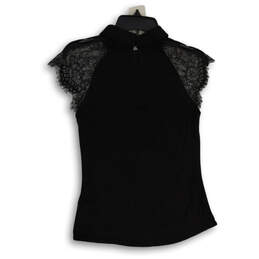 NWT Womens Black Collared Lace Cap Sleeve Keyhole Back Blouse Top Size 6 alternative image