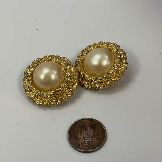 Designer Joan Rivers Gold-Tone Off-White Faux Pearl Clip On Stud Earrings image number 2