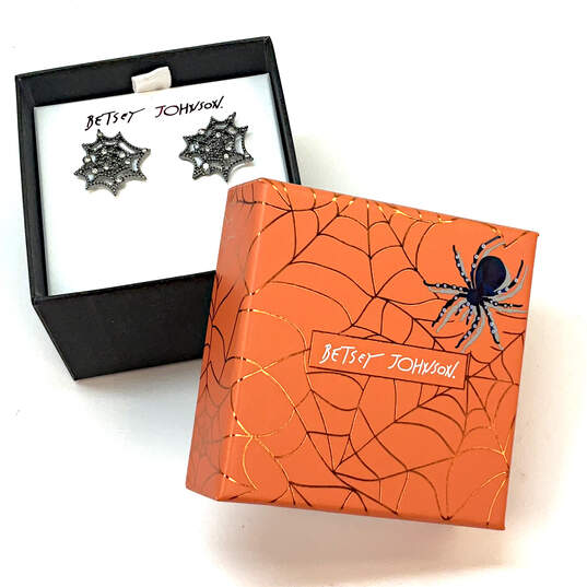 Designer Betsey Johnson Silver-Tone Spider Net Stud Earrings With Case image number 3