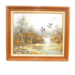 Artist Havell Signed Canadian Geese Autumn Woodland Scene Oil Painting 30x26