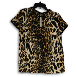 Womens Brown Leopard Print Round Neck Short Sleeve Pullover Blouse Top Sz 2 alternative image