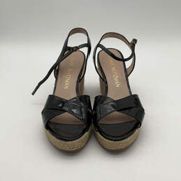 Womens Tan Black Leather Adjustable Strap Wedge Espadrille Heels Size 10.5