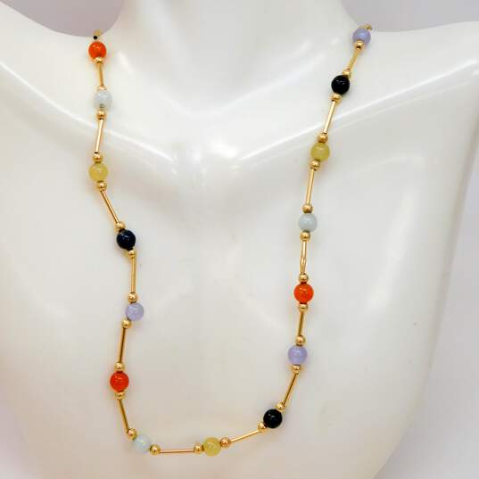 14K Yellow Gold Multi Color Jade & Onyx Bead Necklace 6.7g image number 2