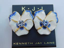 Kenneth Jay Lane White Enamel & Rhinestone Flower Earrings