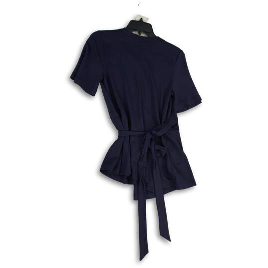 NWT Ann Taylor Womens Navy Blue Short Sleeve Tie Waist Wrap Blouse Top Medium image number 2