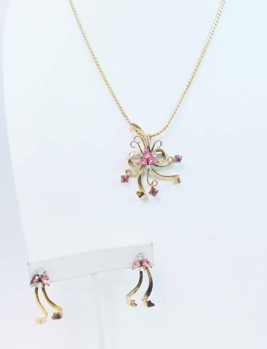 Vintage P&F Pink & Clear Rhinestone Gold Filled Necklace & Screw Back Earrings 16.3g image number 1