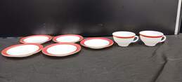 Vintage Bundle of 5 Pyrex White and Red Glass Saucers w/2 Matching Tea Cups
