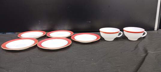 Vintage Bundle of 5 Pyrex White and Red Glass Saucers w/2 Matching Tea Cups image number 1