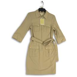 NWT Michael Kors Womens Tan Khaki Collared 3/4 Sleeve Belted Mini Dress Size S