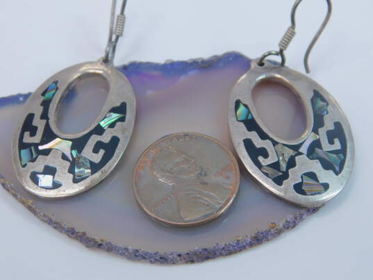 Taxco Mexico 925 Abalone Shell Chips Black Enamel Inlay Open Oval Drop Earrings 12.5g image number 4