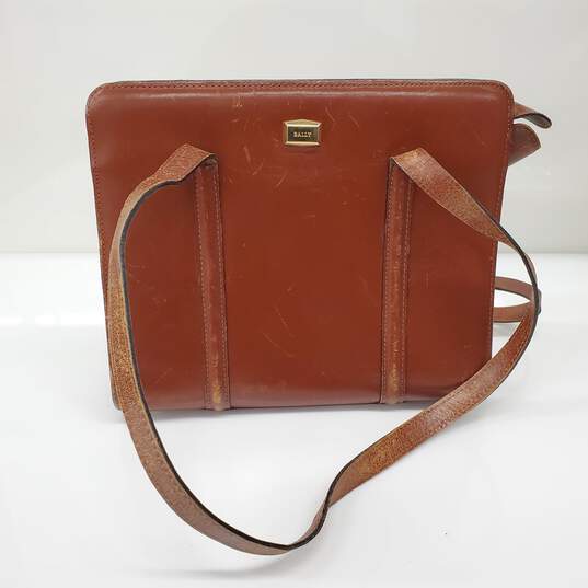 Vintage Bally Almond Brown Leather Square Zip Top Satchel Bag w/COA image number 1