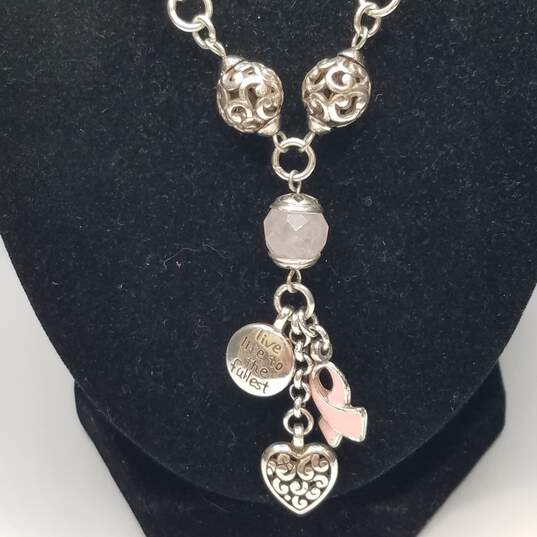 Silver Tone Rose Quartz Enamel Charms Cancer Awareness 18 1/2" Necklace 35.2g image number 2