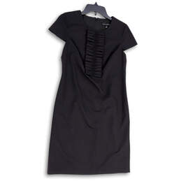 Womens Black Cap Sleeve Round Neck Back Zip Stretch Shift Dress Size 4