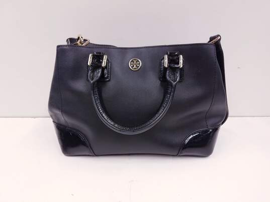 Buy the Tory Burch Leather Robinson Small Satchel Black