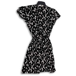 Womens Black White Printed Short Sleeve Tie Waist Wrap Dress Size Medium alternative image