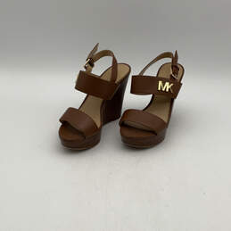 Womens Brown Gold Leather Buckle Wedge Heel Platform Sandals Size 6 M