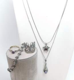Romantic Sterling Silver Marcasite Amethyst & Garnet Necklaces Bracelet w/ Amethyst CZ & Butterfly Filigree Rings 30.4g
