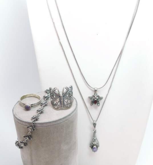 Romantic Sterling Silver Marcasite Amethyst & Garnet Necklaces Bracelet w/ Amethyst CZ & Butterfly Filigree Rings 30.4g image number 1