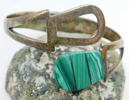 Taxco Mexico 925 Modernist Malachite Accent Cut Outs Hinged Bypass Bangle Bracelet 52.2g
