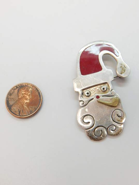 A&J Anne Harvey Mexico 925 & Brass Santa Claus Pipe Red Enamel Hat Brooch image number 6