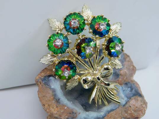 Vintage Emmons Gold Tone Watermelon Vitrial Glass Floral Bouquet Brooch 19.7g image number 4