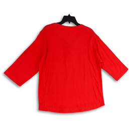 Womens Red Lace-Up Neck 3/4 Sleeve Pullover Blouse Top Size Large alternative image