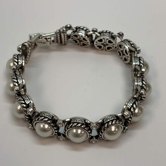 Designer Brighton Silver-Tone Rhinestone Pearl Beaded Chain Bracelet image number 3