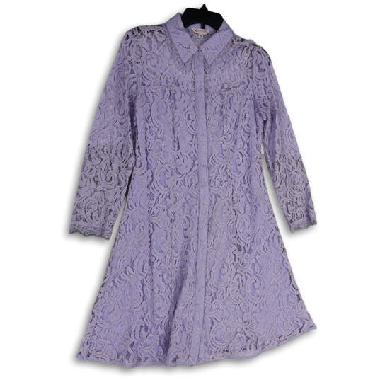 Womens Purple Floral Lace Overlay Button Front Long Sleeve Shirt Dress 10 image number 1