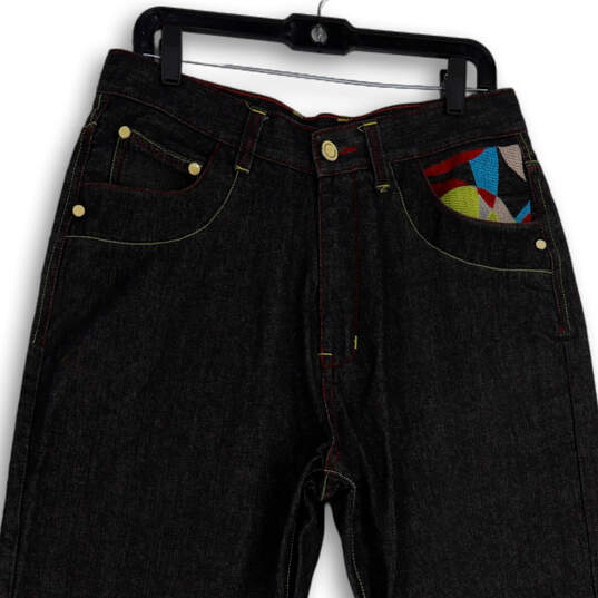 Mens Black Denim Dark Wash Embroidered Straight Leg Jeans Size W36 image number 3