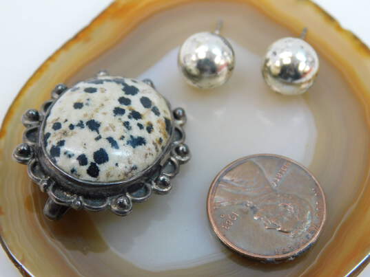 Sterling Silver Dalmatian Jasper Pendant Tapered Cigar Ring & Ball Stud Earrings 18.7g image number 8