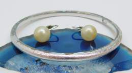 VNTG Crown Trifari Silver Tone Faux Pearl Earrings & Bangle Bracelet