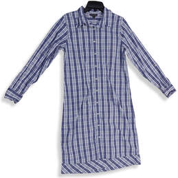 Womens Blue White Plaid Spread Collar Long Sleeve Shirt Dress Size 8