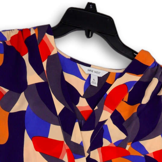 Womens Multicolor Geometric Short Sleeve V-Neck Tie Waist Blouse Top Sz XL image number 3