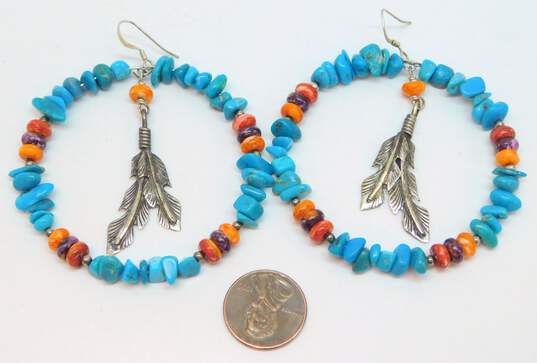 925 Signed Running Bear Navajo Turquoise & Spiny Oyster Drop Earrings image number 9