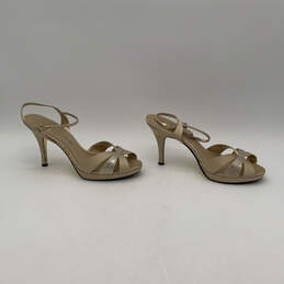 Womens Beige Leather Peep Toe Stiletto Heel Slingback Sandals Size 11 M