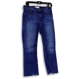 Womens Blue Denim Medium Wash 5-Pocket Design Raw Hem Bootcut Jeans Size 28
