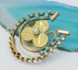 Antique Gold Filled Victorian 0.14 CT Diamond Blue Glass Horseshoe Good Luck Brooch 6.3g alternative image