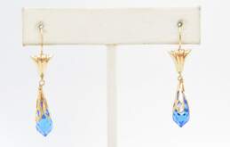 14K Yellow Gold Vintage Blue Glass Drop Earrings 2.9g