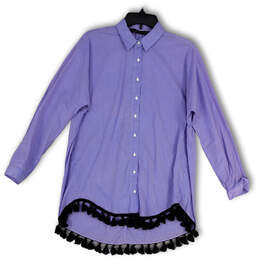 Womens Blue Pinstripe Long Sleeve Tassel Hem Button Front Blouse Top Size M