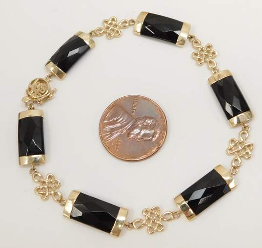 14K Yellow Gold Faceted Black Glass Bars & Chinese Knot Linked Bracelet 7.2g image number 3