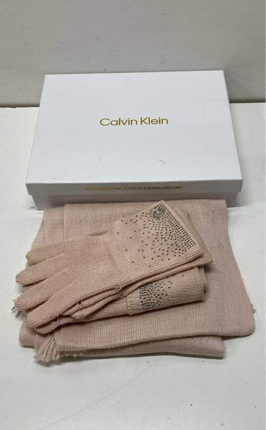 Calvin Klein Pink Rhinestone Beanie Scarf Gloves Box Set image number 1