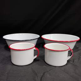 Set of 4 Vintage Metal Enamelware Coffee Mugs & Serving Bowls