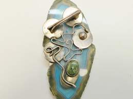 Silver Forever Mexico 925 Modernist Green Stone Cabochon Arch Squiggles & Dome Abstract Brooch 20.4g