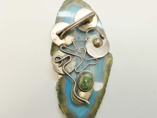 Silver Forever Mexico 925 Modernist Green Stone Cabochon Arch Squiggles & Dome Abstract Brooch 20.4g image number 1