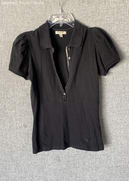 Authentic Burberry Womens Black Short Puff Sleeve Henley Polo Shirt Size Small