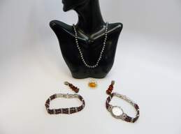 Vintage Amber, Garnet & Pearl Gold/Silver Tone Jewelry & Watch 94.2g
