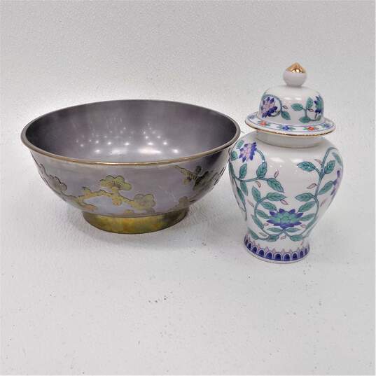 VTG Chinese Pewter Brass Outlay Cherry Blossom Bowl w/ Porcelain Ginger Jar image number 1