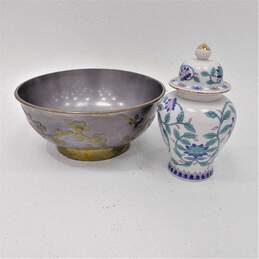 VTG Chinese Pewter Brass Outlay Cherry Blossom Bowl w/ Porcelain Ginger Jar